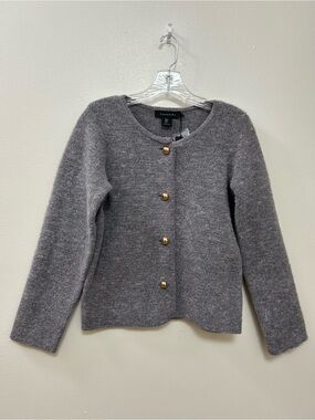 Tahari Grey Crewneck Cardigan Sweater with Gold Buttons Front Size-S